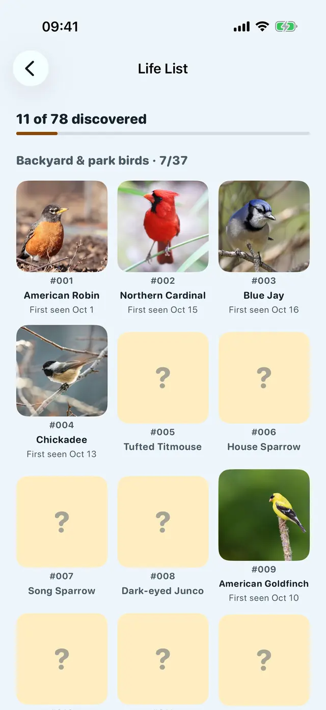 Pipwing app screen: The Life List: 78 birds every family can find