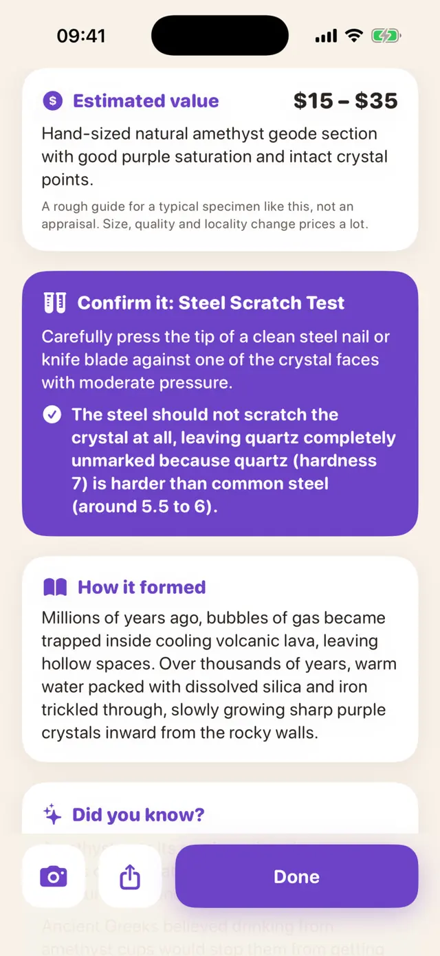Rockbud app screen: A rough value range, with the reasoning behind it