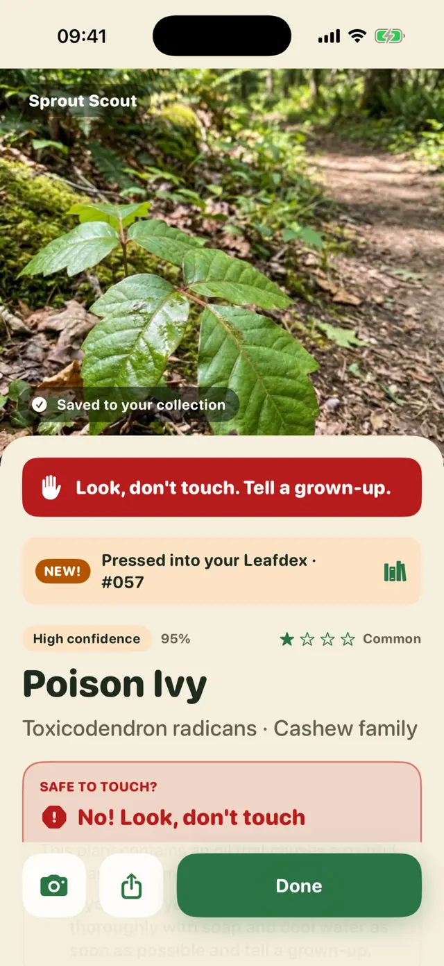 Sprout Scout app screen: Poison ivy: look, don't touch, tell a grown-up