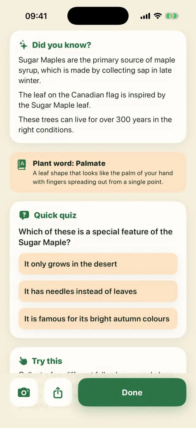 Sprout Scout app screen: How it grows, Did you know? and a plant word: palmate